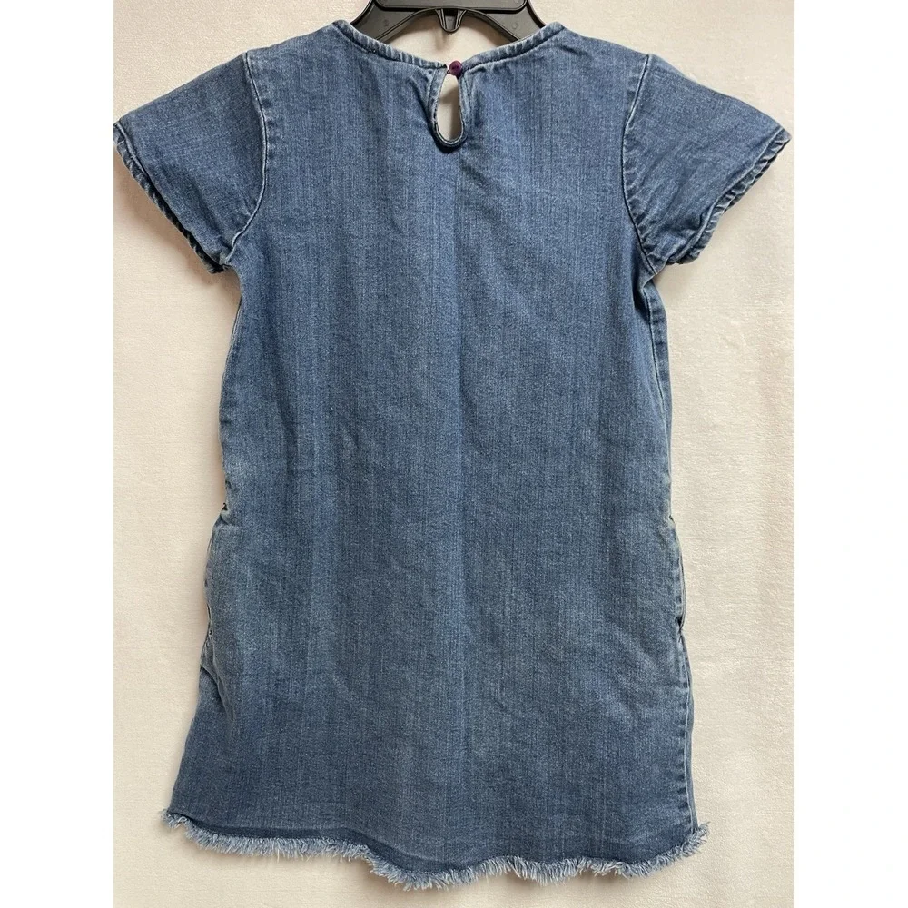 Garnet Hill Dress Girls Sz 8 Denim Embroidered‎ Floral Short Sleeve Raw Hem Boho